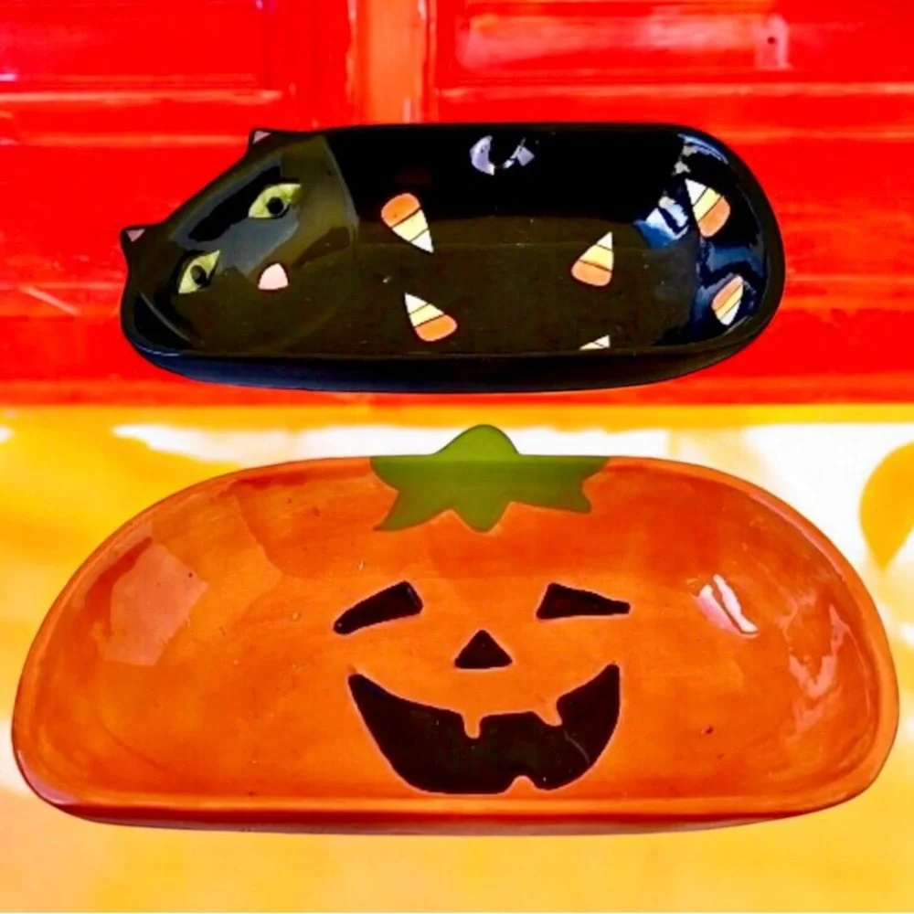 Halloween 🎃 Candy Dishes Tien Hsing Vintage Black Cat + Pumpkin 2 dishes